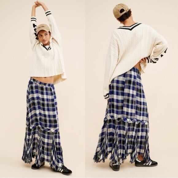 Free People FP One Bordeaux Plaid Maxi Skirt Size Large Bohemian Grunge Punk - Picture 9 of 16